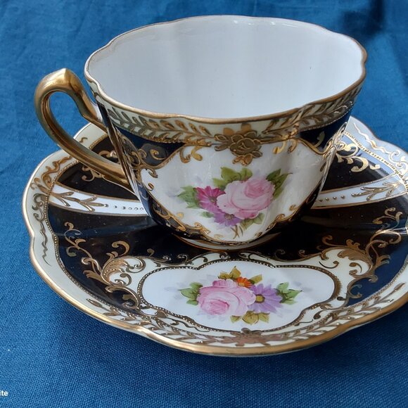 Stunning vintage Noritake teacup and saucer set hand painted flowers gold moriag - Picture 2 of 14